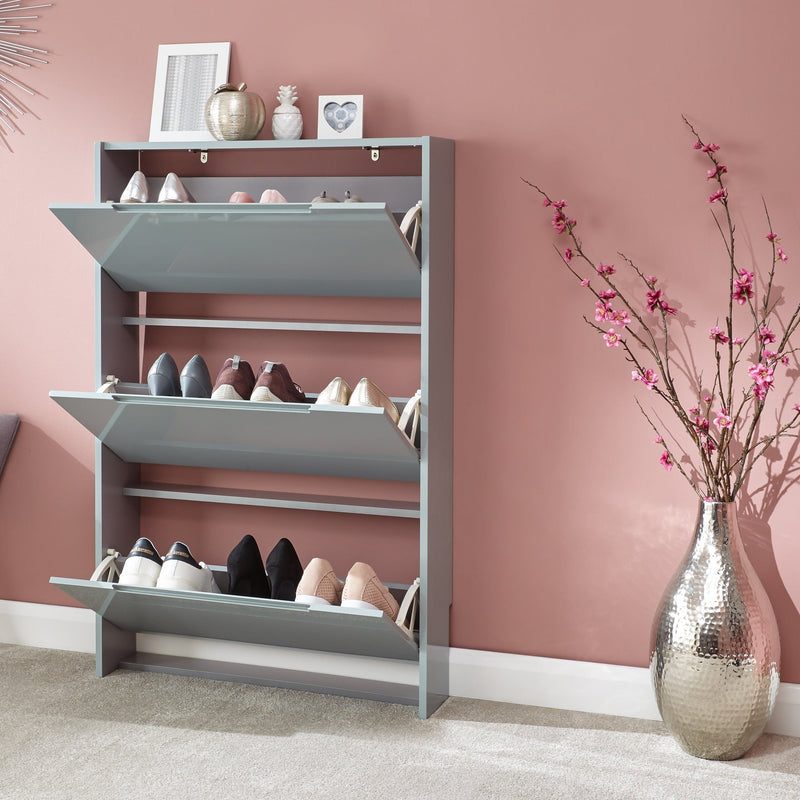 Narrow High Gloss 3 Tier Shoe Cabinet Grey