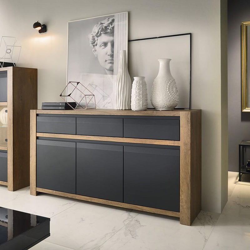 Havana 3 door 3 drawer sideboard Lefkas Oak with matte black fronts