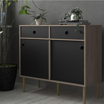 Rome Sideboard 2 Sliding Doors + 2 Drawers in Jackson Hickory Oak with Matt Black