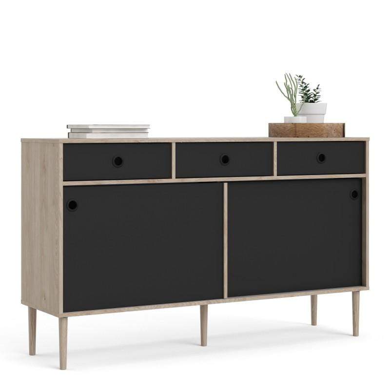 Rome Sideboard 2 Sliding Doors + 3 Drawers in Jackson Hickory Oak and Matt Black