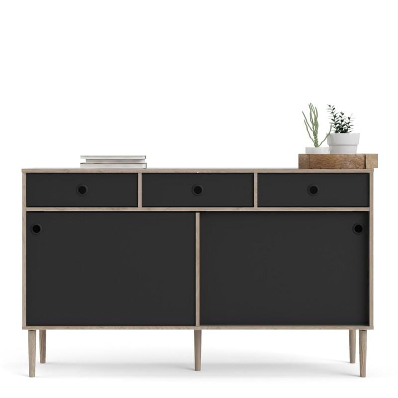 Rome Sideboard 2 Sliding Doors + 3 Drawers in Jackson Hickory Oak and Matt Black