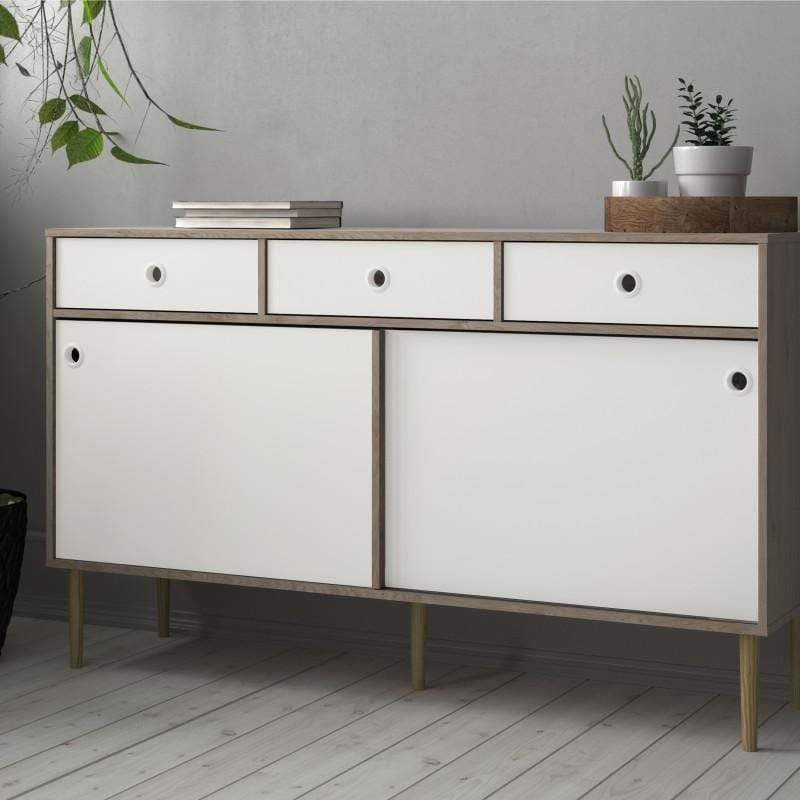 Rome Sideboard 2 Sliding Doors + 3 Drawers in Jackson Hickory Oak with Matt White