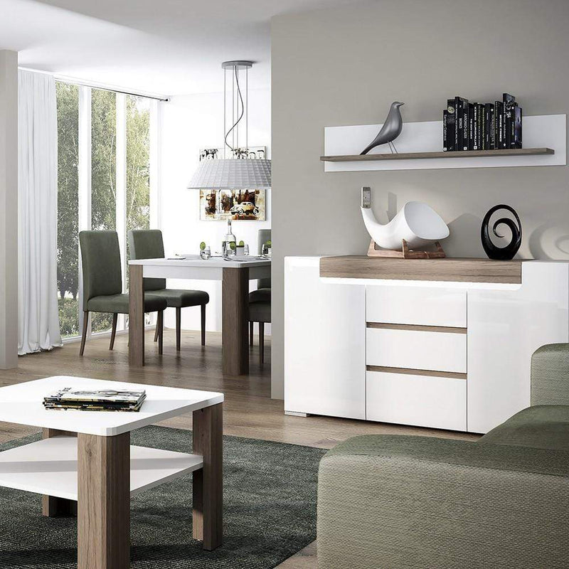 Toronto 2 Door 3 Drawer Sideboard (inc Plexi Lighting) White High Gloss with San Remo Oak inset