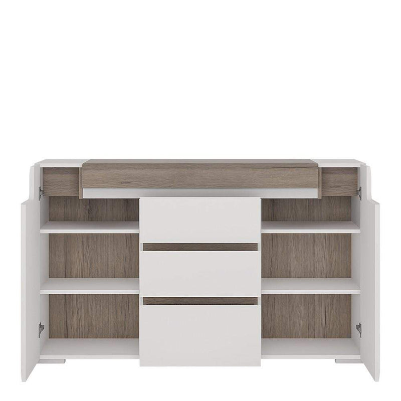 Toronto 2 Door 3 Drawer Sideboard (inc Plexi Lighting) White High Gloss with San Remo Oak inset