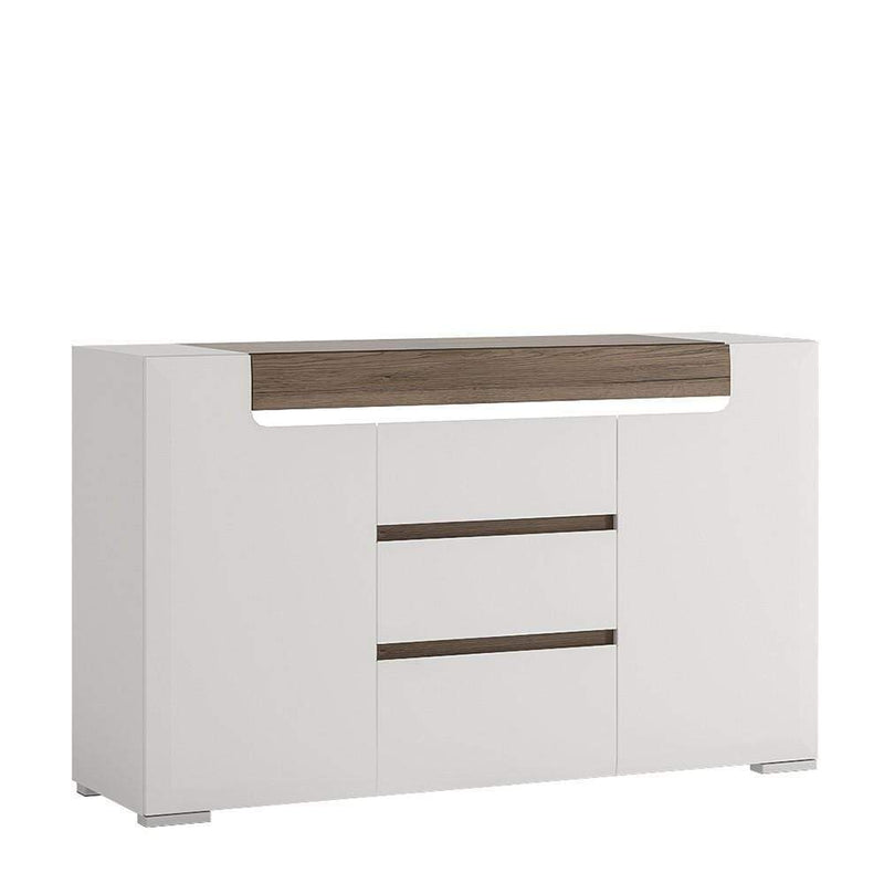 Toronto 2 Door 3 Drawer Sideboard (inc Plexi Lighting) White High Gloss with San Remo Oak inset