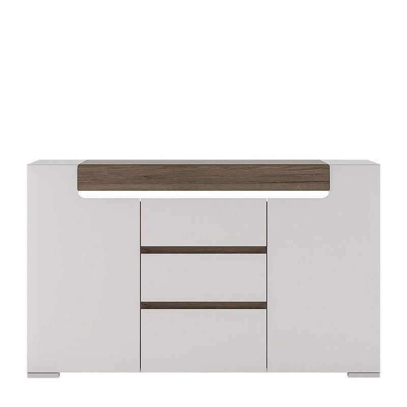 Toronto 2 Door 3 Drawer Sideboard (inc Plexi Lighting) White High Gloss with San Remo Oak inset