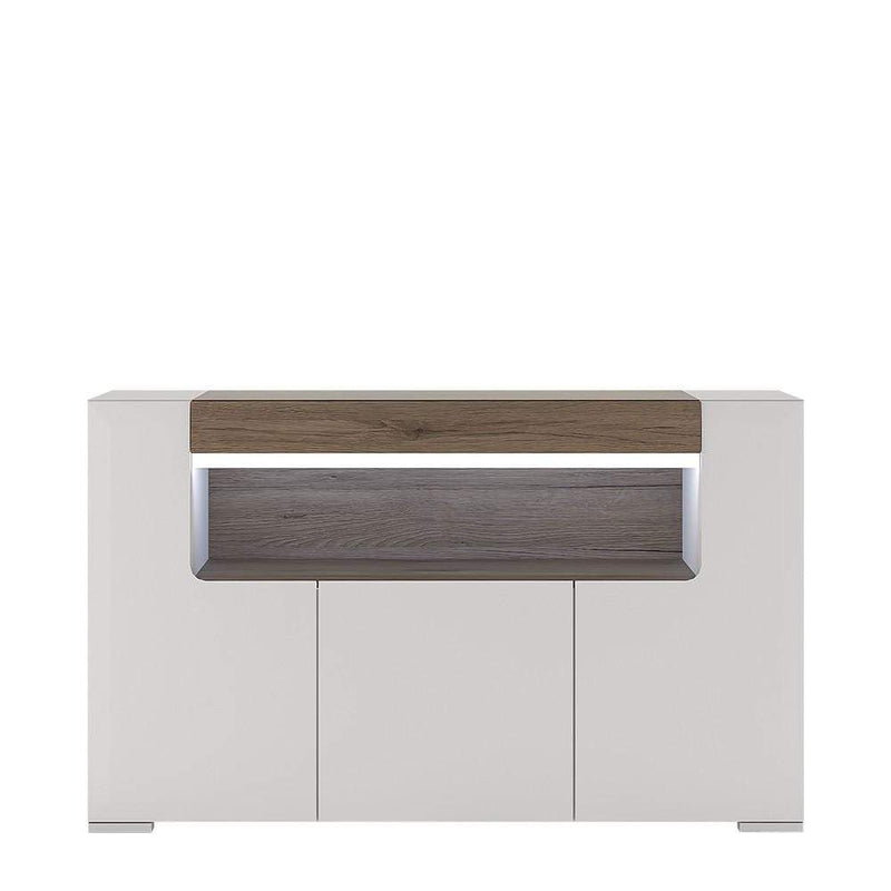 Toronto 3 Door Sideboard with open shelving (inc Plexi Lighting) White High Gloss with San Remo Oak inset