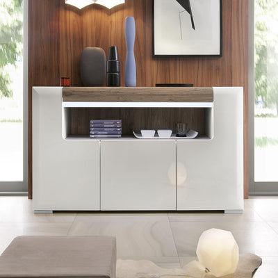 Toronto 3 Door Sideboard with open shelving (inc Plexi Lighting) White High Gloss with San Remo Oak inset