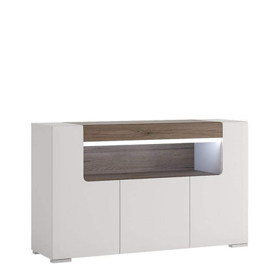 Toronto 3 Door Sideboard with open shelving (inc Plexi Lighting) White High Gloss with San Remo Oak inset