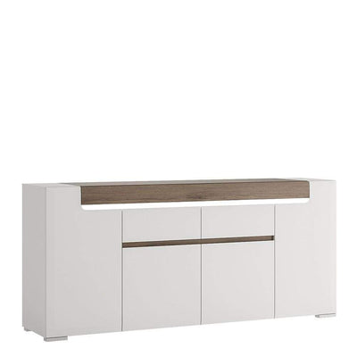 Toronto Wide 4 Door 2 Drawer Sideboard (inc Plexi Lighting) White High Gloss with San Remo Oak inset