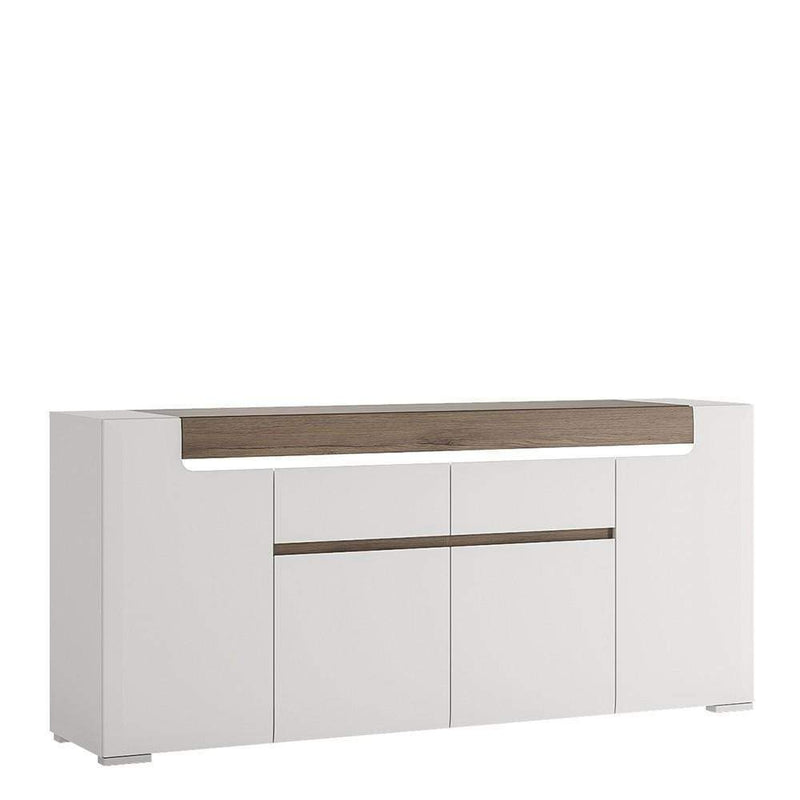 Toronto Wide 4 Door 2 Drawer Sideboard (inc Plexi Lighting) White High Gloss with San Remo Oak inset