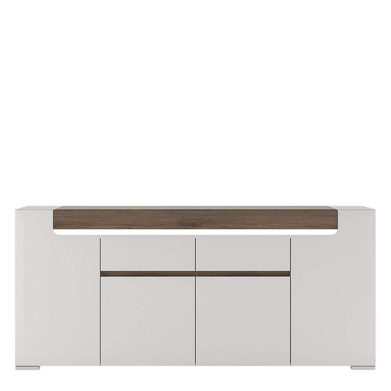 Toronto Wide 4 Door 2 Drawer Sideboard (inc Plexi Lighting) White High Gloss with San Remo Oak inset