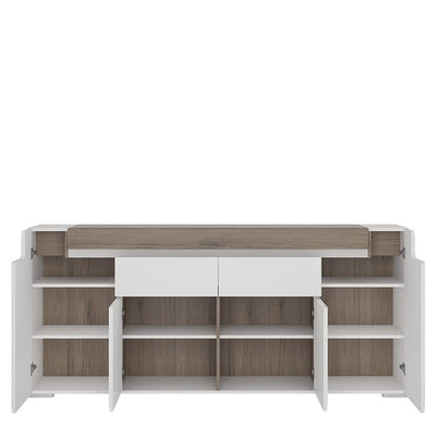 Toronto Wide 4 Door 2 Drawer Sideboard (inc Plexi Lighting) White High Gloss with San Remo Oak inset