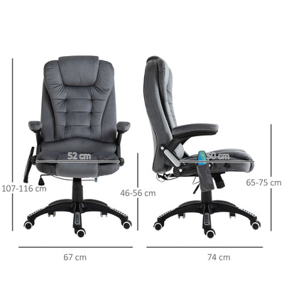 Sillón reclinable de masaje Vinsetto, silla de oficina con calefacción, seis puntos de masaje, tela con tacto aterciopelado, ruedas giratorias de 360°, color gris