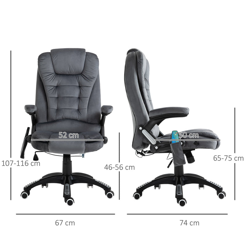 Sillón reclinable de masaje Vinsetto, silla de oficina con calefacción, seis puntos de masaje, tela con tacto aterciopelado, ruedas giratorias de 360°, color gris