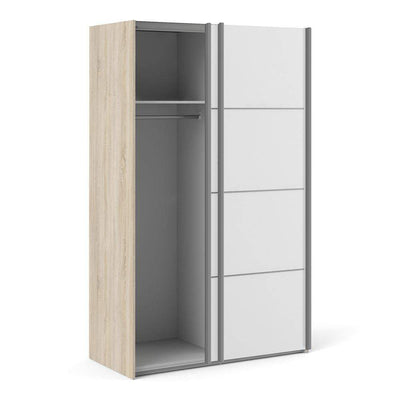 Verona Sliding Wardrobe 120cm in Oak with White Doors with 2 Shelves