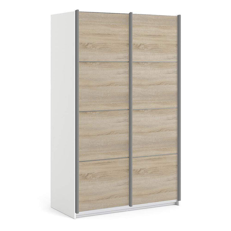 Verona Sliding Wardrobe 120cm in White with Oak Doors with 2 Shelves