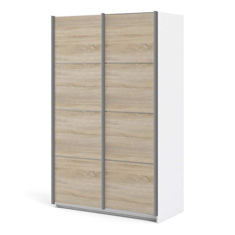 Verona Sliding Wardrobe 120cm in White with Oak Doors with 2 Shelves