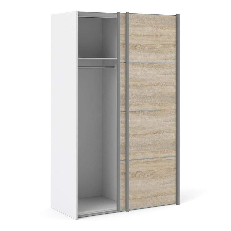 Verona Sliding Wardrobe 120cm in White with Oak Doors with 2 Shelves