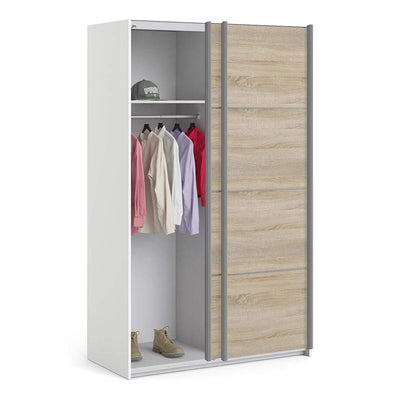 Verona Sliding Wardrobe 120cm in White with Oak Doors with 2 Shelves