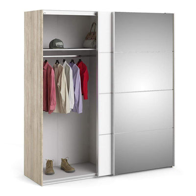 Verona Sliding Wardrobe 180cm in Oak with White and Mirror Doors with 2 Shelves