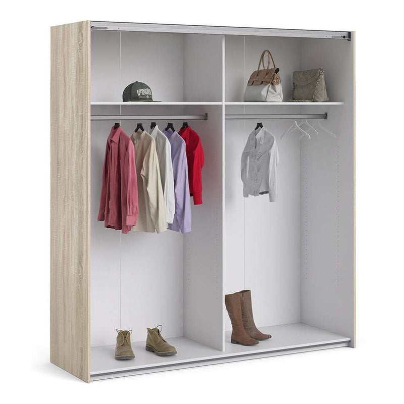 Verona Sliding Wardrobe 180cm in Oak with White and Mirror Doors with 2 Shelves