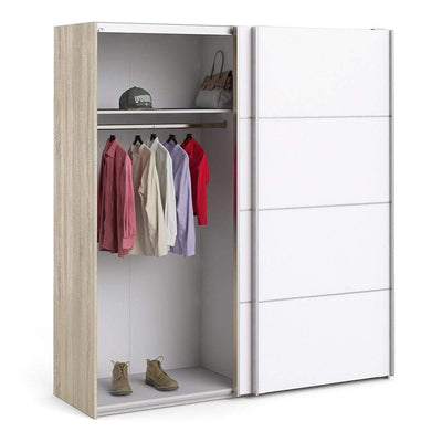 Verona Sliding Wardrobe 180cm in Oak with White Doors with 2 Shelves