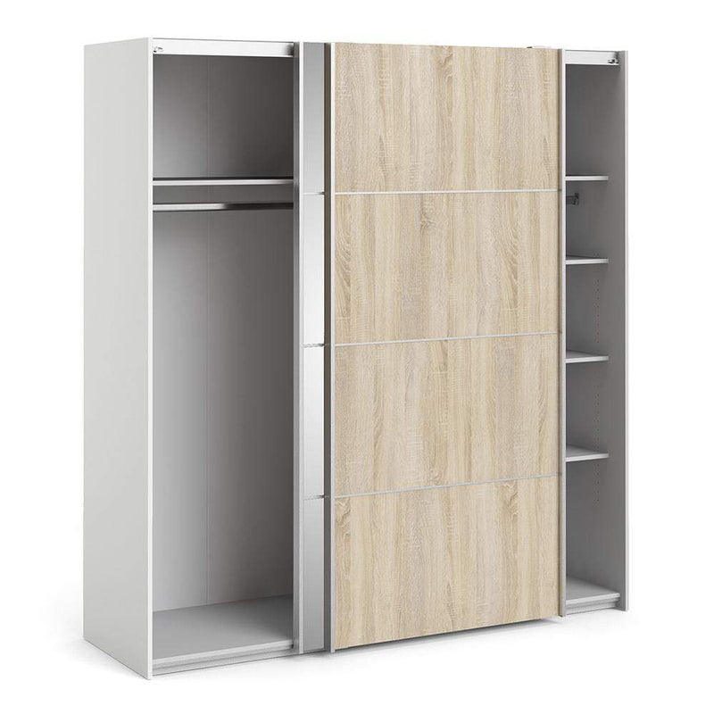 Verona Sliding Wardrobe 180cm in White with Oak and Mirror Doors with 5 Shelves