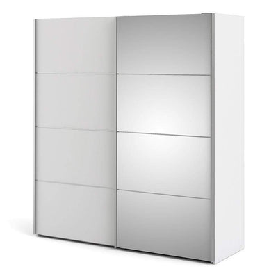 Verona Sliding Wardrobe 180cm in White with White and Mirror Doors with 2 Shelves