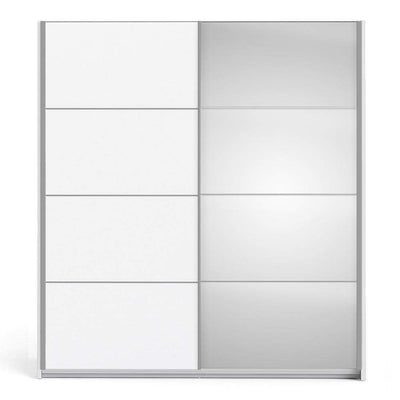 Verona Sliding Wardrobe 180cm in White with White and Mirror Doors with 2 Shelves