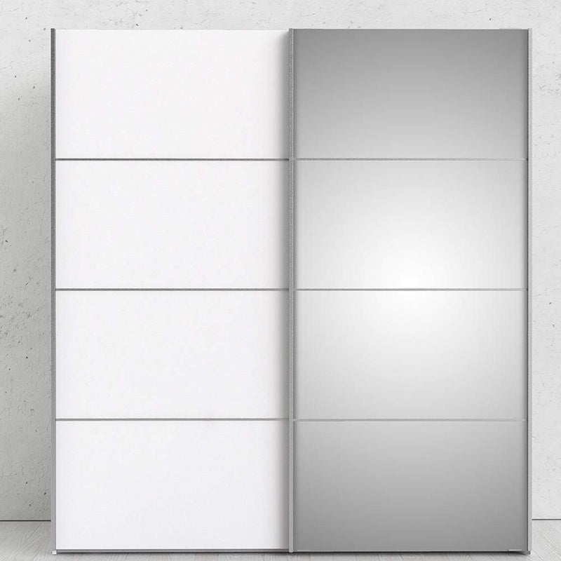 Verona Sliding Wardrobe 180cm in White with White and Mirror Doors with 2 Shelves