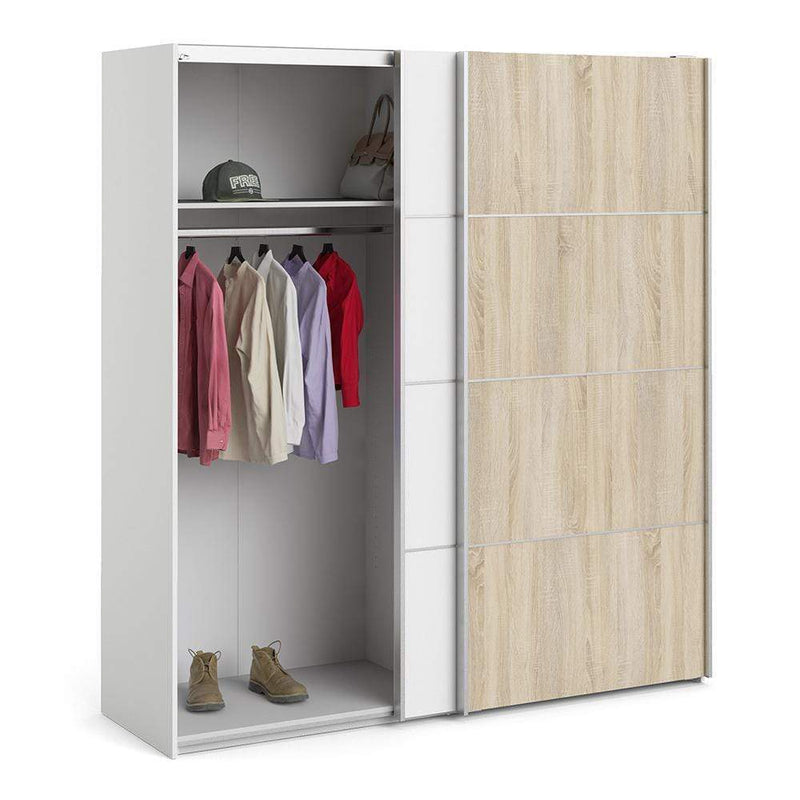 Verona Sliding Wardrobe 180cm in White with White and Oak doors with 2 Shelves