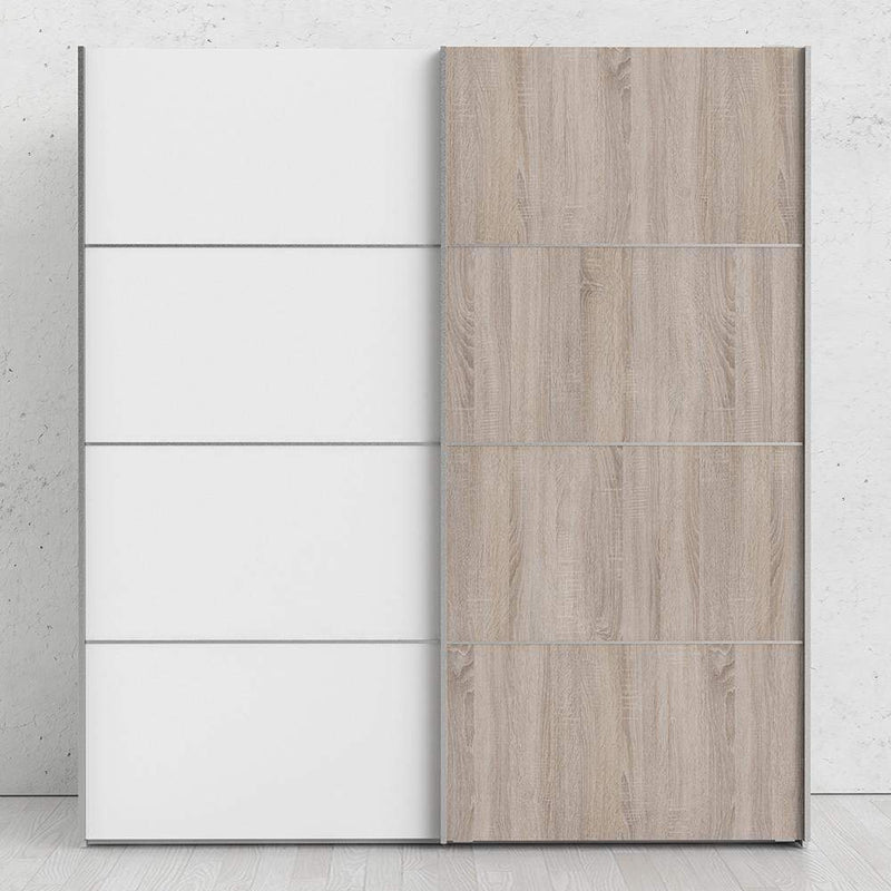 Verona Sliding Wardrobe 180cm in White with White and Truffle Oak Doors with 2 Shelves