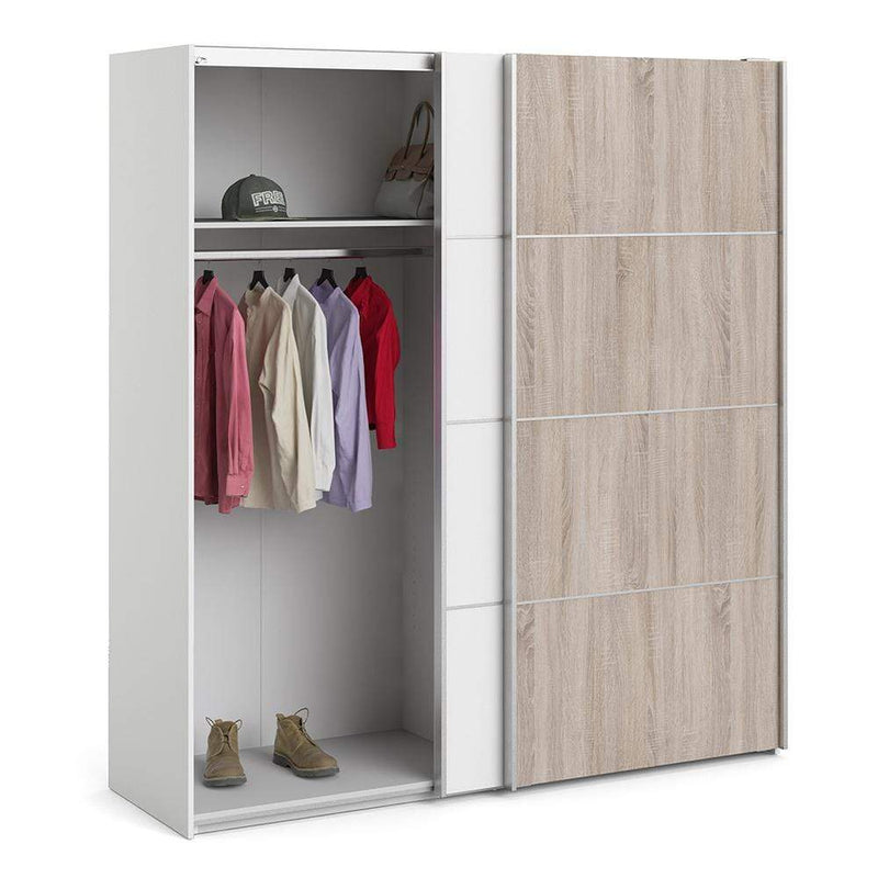 Verona Sliding Wardrobe 180cm in White with White and Truffle Oak Doors with 2 Shelves