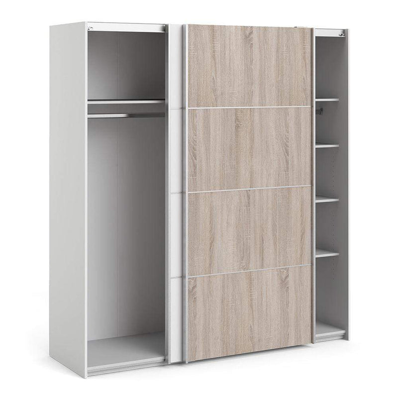 Verona Sliding Wardrobe 180cm in White with White and Truffle Oak Doors with 5 Shelves