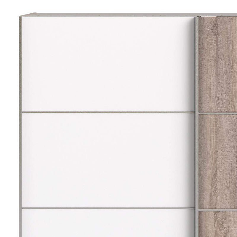 Verona Sliding Wardrobe 180cm in White with White and Truffle Oak Doors with 5 Shelves