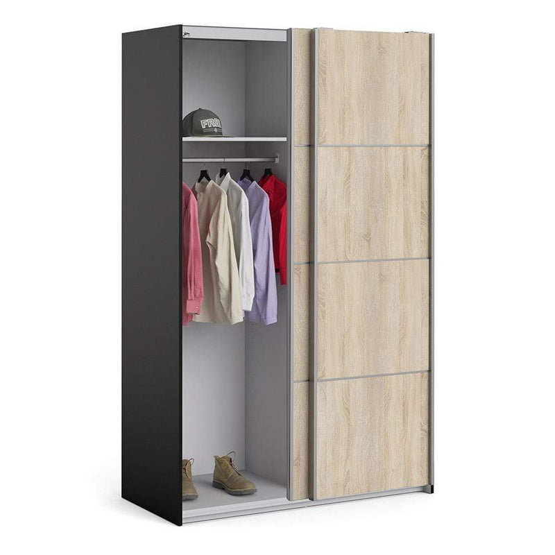 Verona - Verona Sliding Wardrobe 120cm in Black Matt with Oak Doors with 2 Shelves