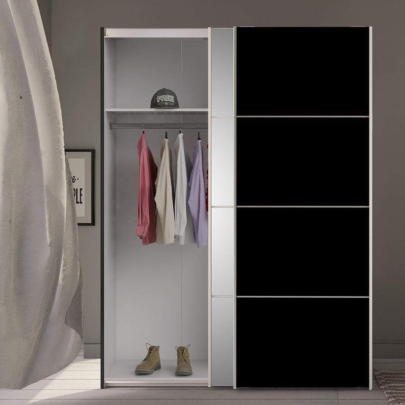 Verona - Verona Sliding Wardrobe 180cm in Black Matt with Black Matt and Mirror Doors with 2 Shelves