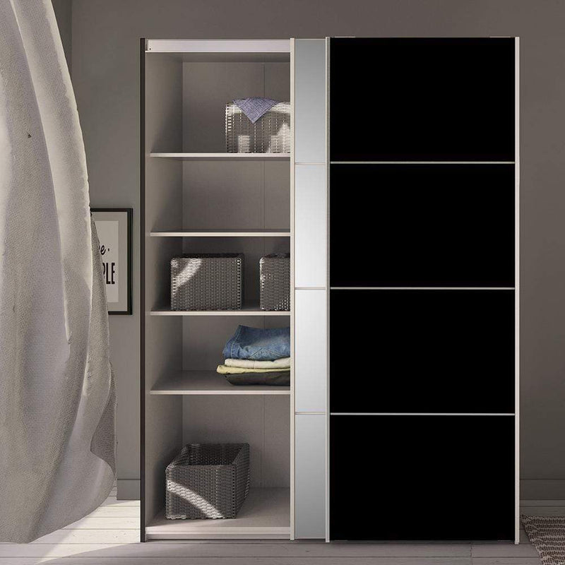 Verona - Verona Sliding Wardrobe 180cm in Black Matt with Black Matt and Mirror Doors with 5 Shelves