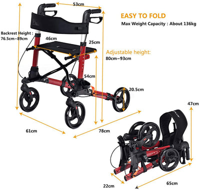 Lightweight Aluminium Folding Walking Mobility Aid With 4 Wheels-Red