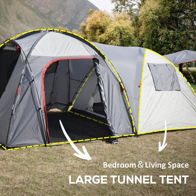 Outsunny 4-5 Man Outdoor Tunnel Tent, Two Room Camping Tent with Portable Mat, Sewn-In Floor Breathable Mesh Windows for Fishing, Festival, Hiking