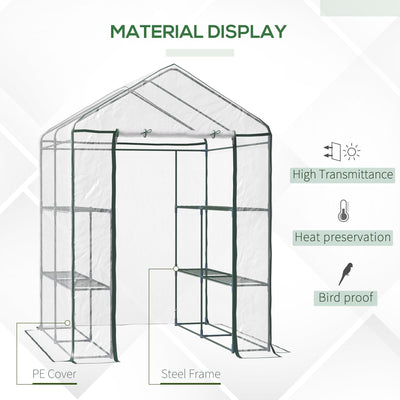 Outsunny 143 x 143 x 195 cm Walk-In Greenhouse 3 Tiers Portable Grow House w/ 8 Shelves, Metal Frame, PVC Film, Transparent