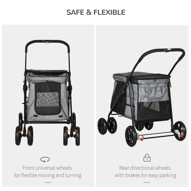 PawHut One Click Foldable Pet Stroller Dog Cat Travel Pushchair with EVA Wheels Storage Bags Mesh Windows Safety Leash Cushion for Small Pets Grey