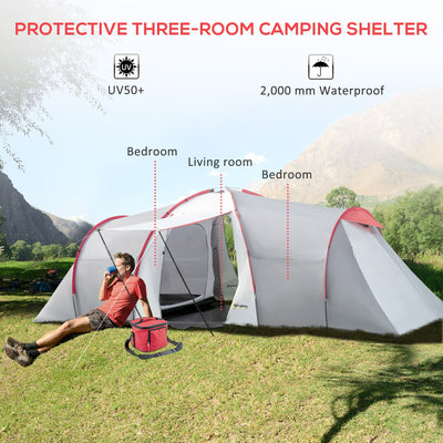 Outsunny 4-6 Man Tunnel Tent with 2 Bedroom, Living Area and Vestibule, Large Camping Tent, 2000mm Waterproof, UV50+, Portable with Bag, for Fishing