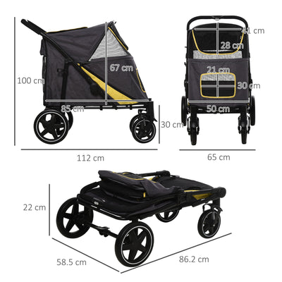 PawHut Pet Stroller with Universal Front Wheels, Shock Absorber, One Click Foldable Dog Cat Carriage with Brakes, Storage Bags, Mesh Window Dark Grey