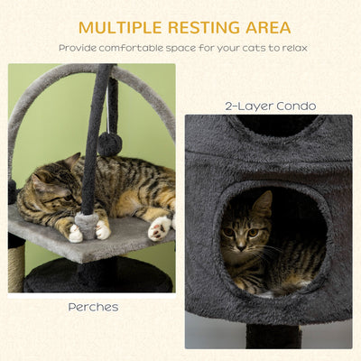 PawHut Cat Tree, with Scratching Posts, Cat House, Bed, Hanging Toy Ball - Grey