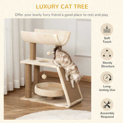 PawHut Cat Tree for Indoor Cats with Scratching Posts Pad, Kitten Tower with Bed Perch Ball Toy, 60 x 30 x 76 cm, Light Brown