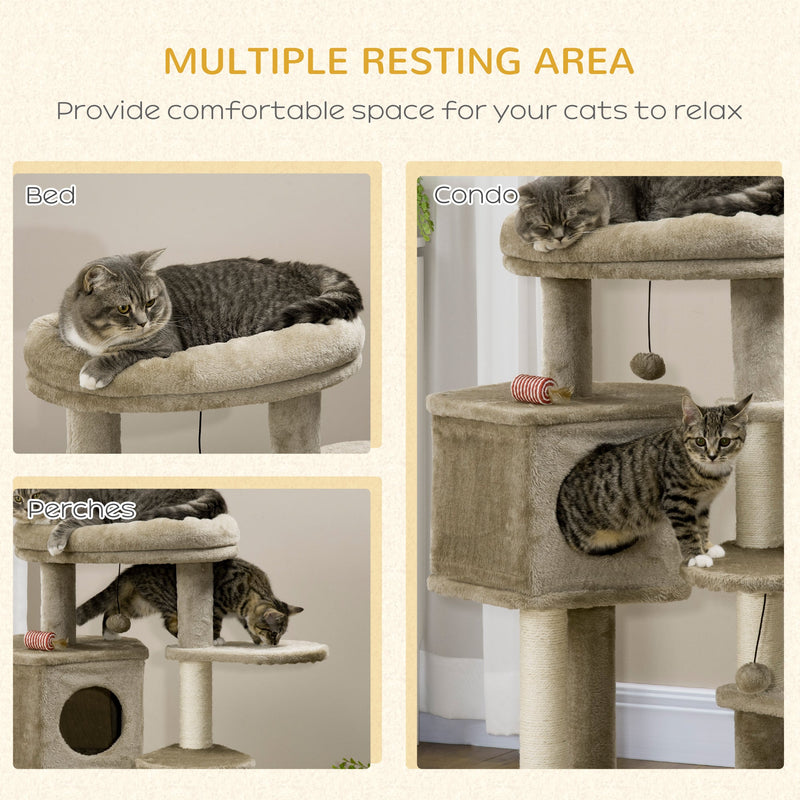 PawHut Cat Tree, Cat Tower for Indoor Cats with Sisal Scratching Post, Ramp, Kitten Bed, Condo, Ball Toy, Brown, 55x55x94 cm