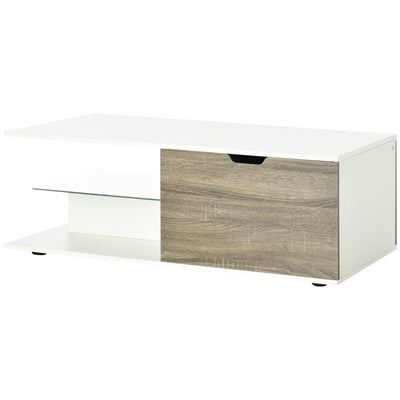 Modern Coffee Table With Tempered Glass Shelf And Two Drawers, White