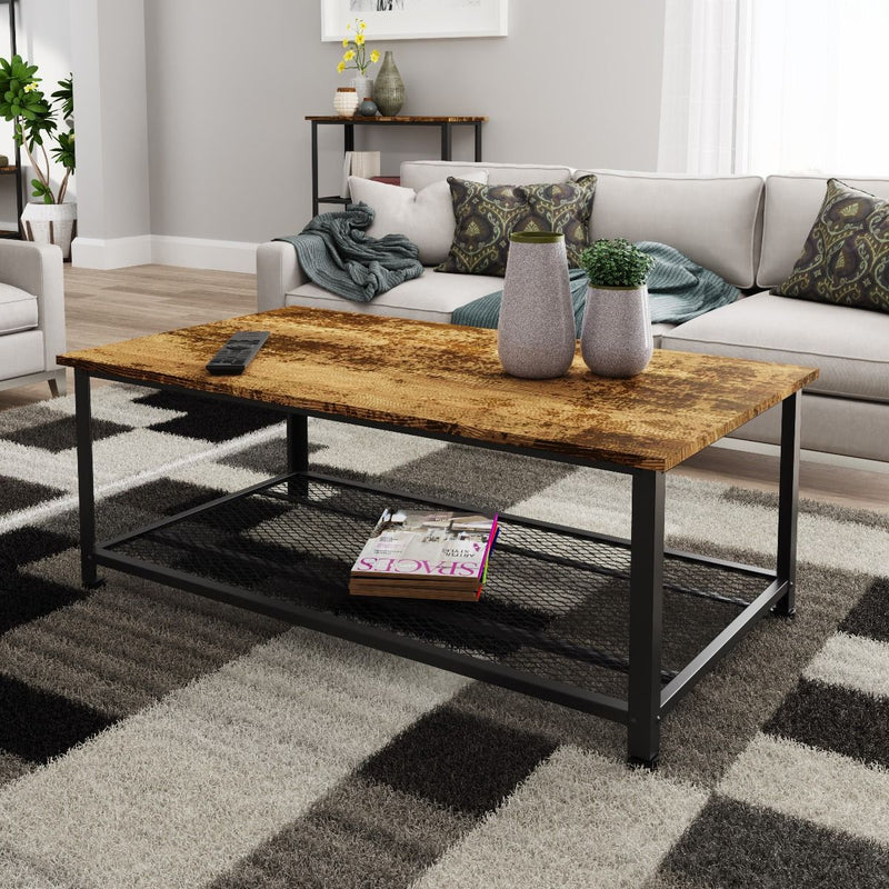 Bala Living Coffee Table in rustic wood grain style with black metallic